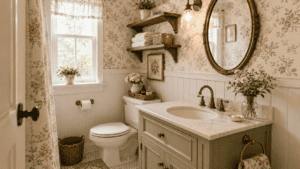 Small bathroom ideas in a cozy vintage bathroom with floral wallpaper, beadboard walls, brass fixtures, open wood shelves, woven baskets, and a sage green vanity.
