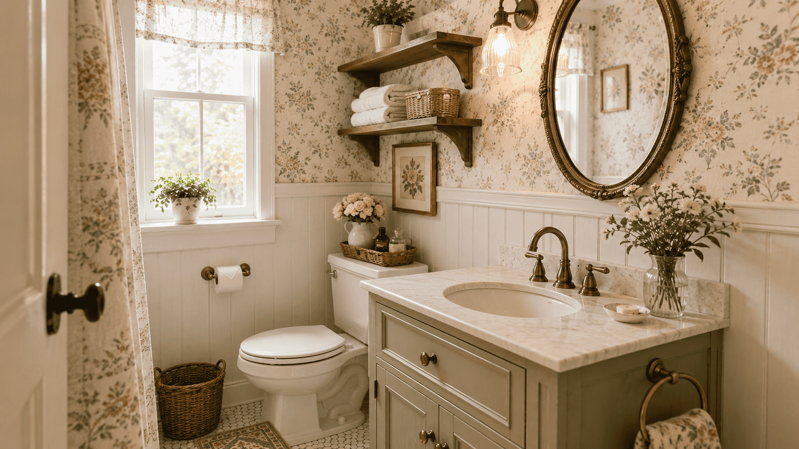 Small bathroom ideas in a cozy vintage bathroom with floral wallpaper, beadboard walls, brass fixtures, open wood shelves, woven baskets, and a sage green vanity.