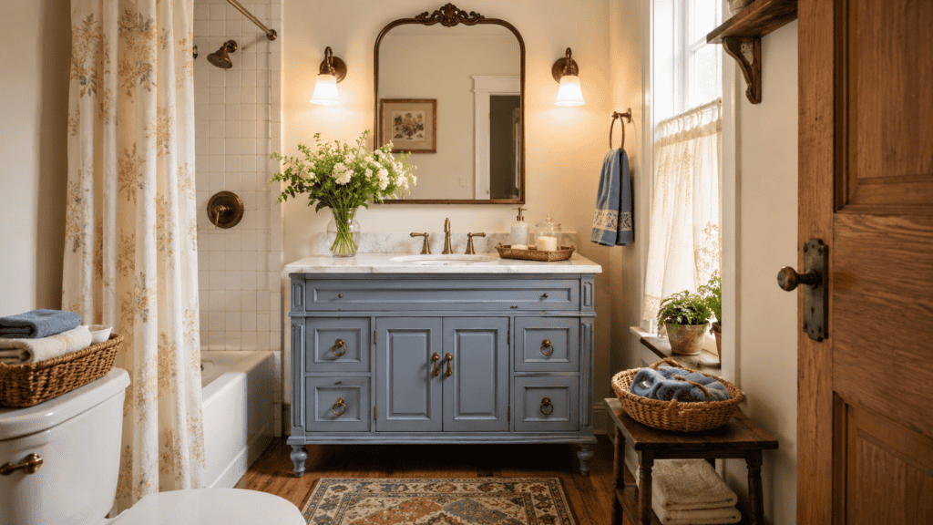 a dusty blue vanity, cream walls, a vintage-style mirror, brass fixtures, folded towels, floral accents, and a patterned rug.