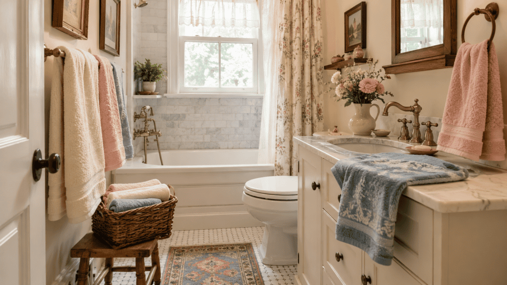cream walls, brass fixtures, soft cream blush and muted blue towels, a woven basket, floral accents, and a patterned rug.