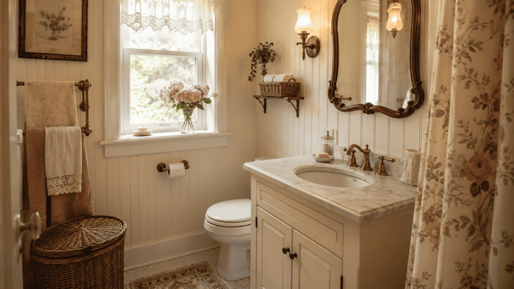 one vase of pink flowers on the windowsill, cream beadboard walls, brass fixtures, soft towels, a woven basket, a vintage mirror, and a patterned rug.