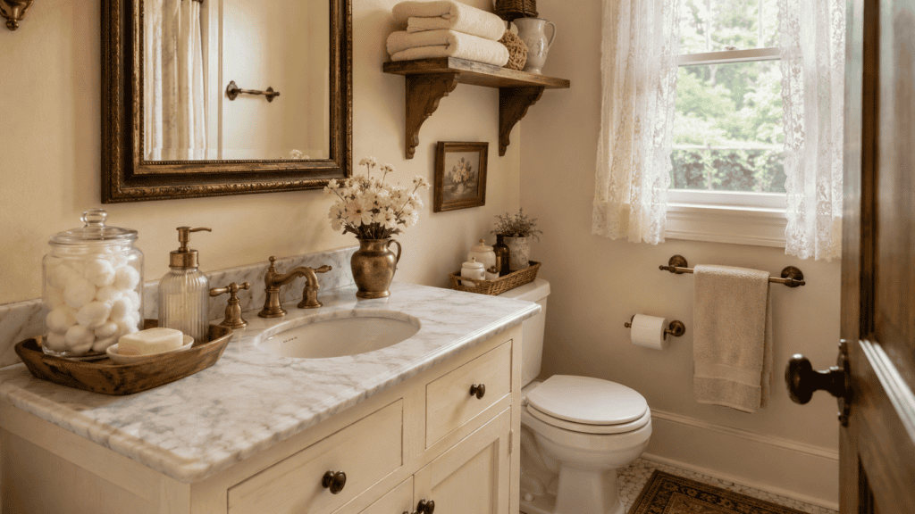 cream walls, a simple vanity, a vintage-style mirror, brass fixtures, a tray with soap and lotion, a glass jar of cotton balls, soft towels, and floral accents.