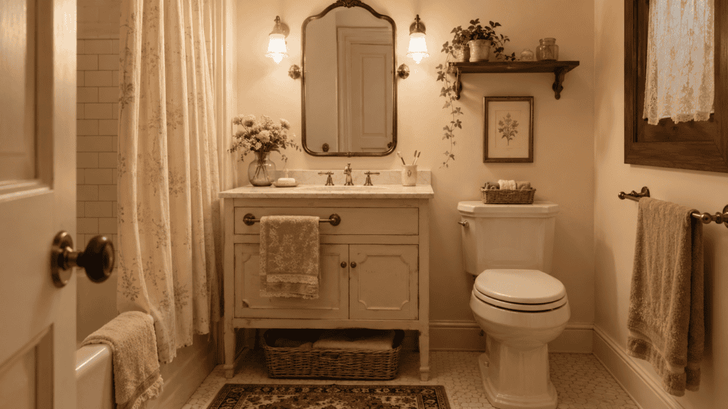 soft warm lighting, cream walls, a vintage-style mirror, brass fixtures, soft towels, a woven basket, flowers, and a patterned rug.