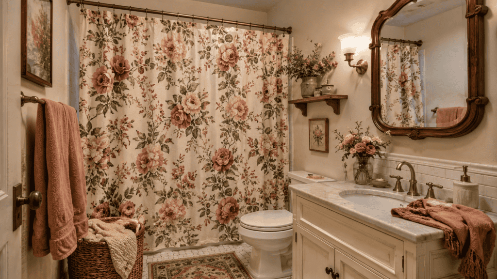 a floral shower curtain as the focal point, cream walls, a vintage mirror, brass fixtures, soft towels, woven basket, flowers, and a patterned rug.