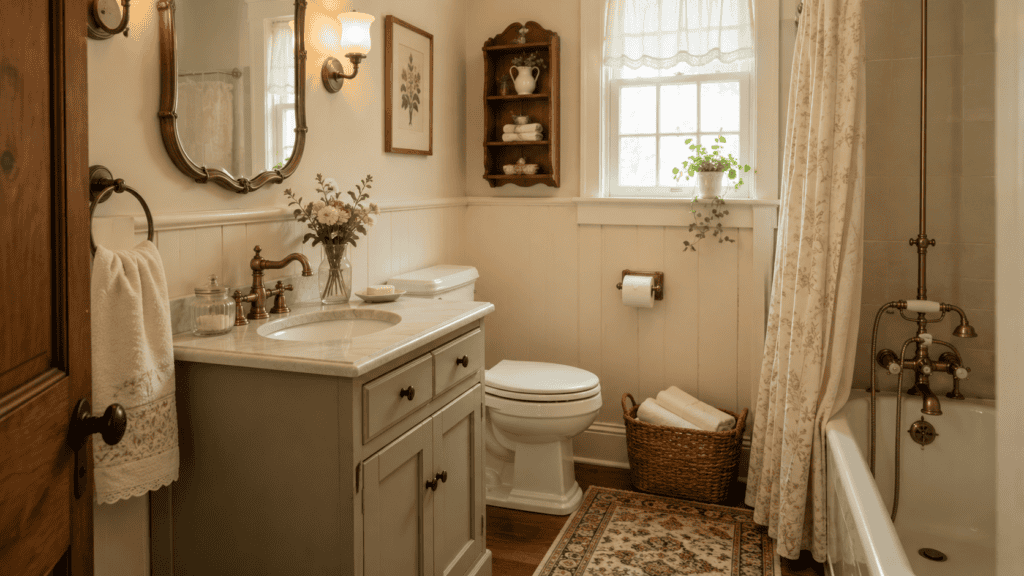 cream walls, a small vanity, a vintage-style mirror, brass fixtures, soft towels, a woven basket, flowers, and a patterned rug.