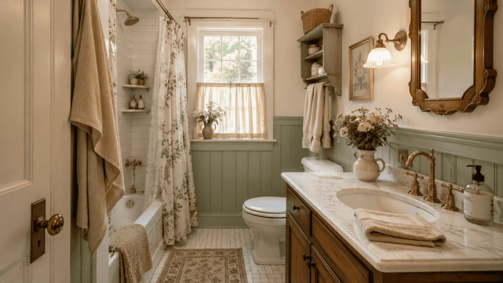 Small cozy vintage bathroom with a soft color palette, pale sage beadboard, cream walls, brass fixtures, warm wood vanity, beige towels, floral accents, and a patterned rug.