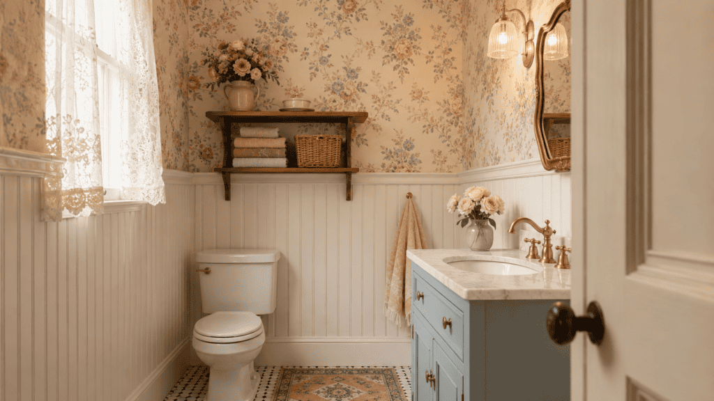 Small vintage bathroom with white beadboard, soft floral wallpaper, a light blue vanity, brass faucet, warm wood shelf, folded towels, a woven basket, and a small patterned rug.