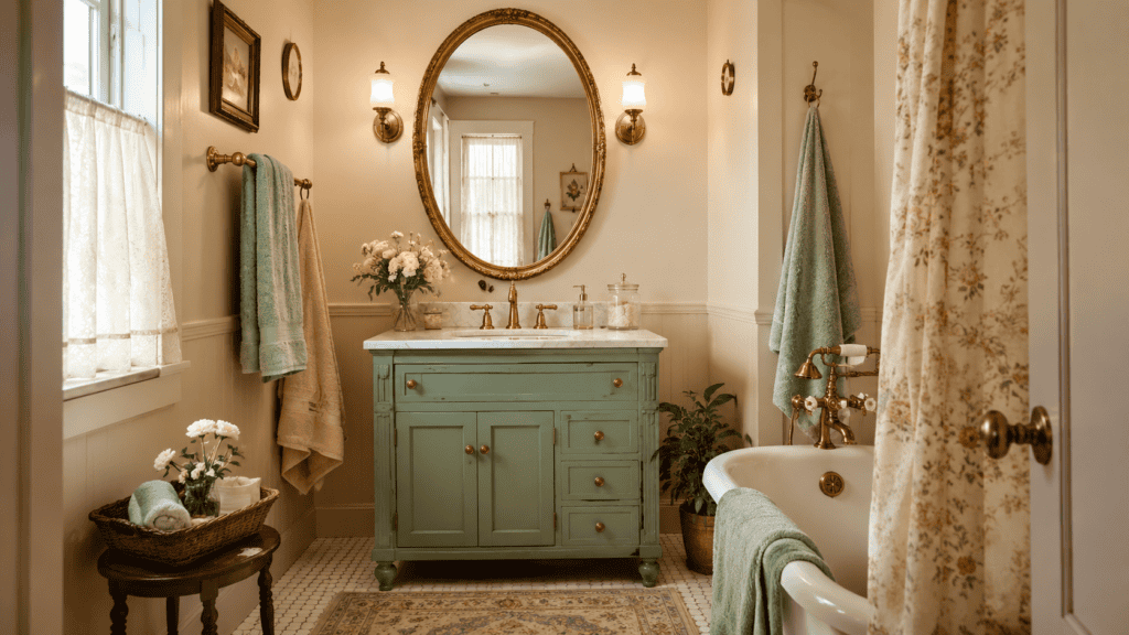 Small cozy vintage bathroom with an oval brass mirror above a sage green vanity, cream walls, brass fixtures, soft towels, floral accents, and a patterned rug.