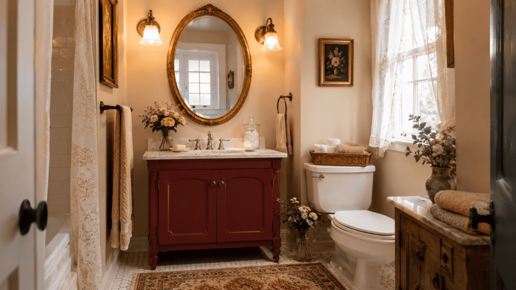 Small cozy vintage bathroom with an oval brass mirror, cream walls, a muted red vanity, silver fixtures, soft towels, floral accents, and a patterned rug.