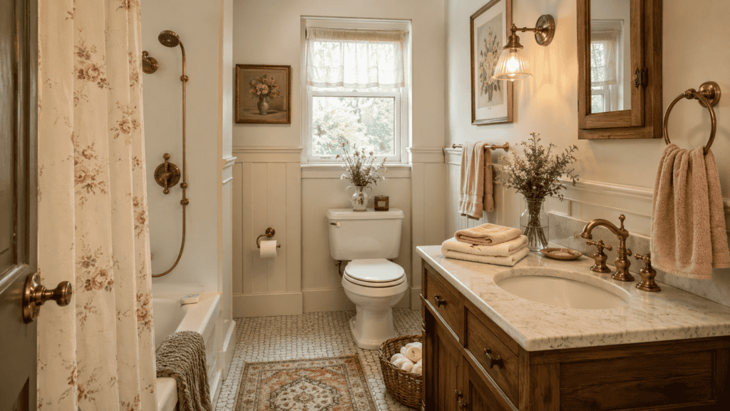 Small vintage bathroom with warm brass fixtures, cream walls, floral details, a warm wood vanity, folded towels, a woven basket, a vase of flowers, and a patterned rug.