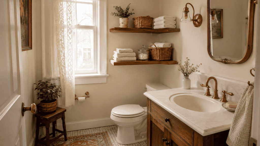 Small vintage bathroom with cream walls, warm wood open shelves, folded towels, a woven basket, a glass jar, a tiny plant, brass fixtures, and a wood vanity.