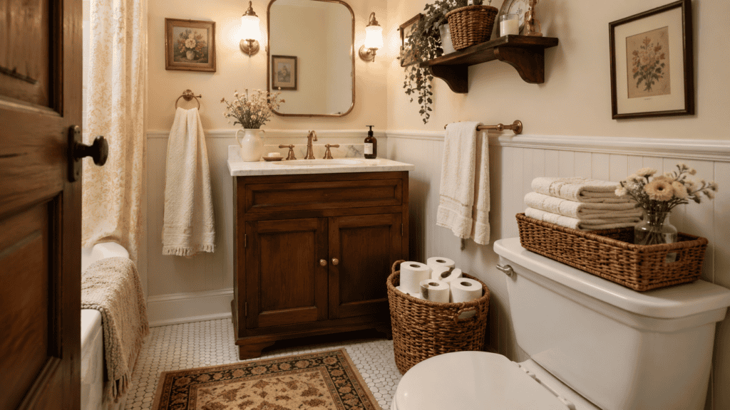 woven baskets for storage, cream walls, a warm wood vanity, brass fixtures, folded towels, extra toilet paper, floral accents, and a patterned rug.