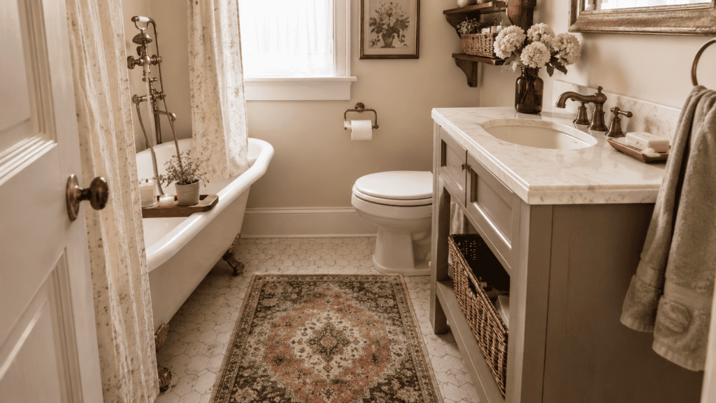 a muted patterned rug, cream walls, aged metal fixtures, soft towels, warm wood accents, a woven basket, and a simple vase of flowers.