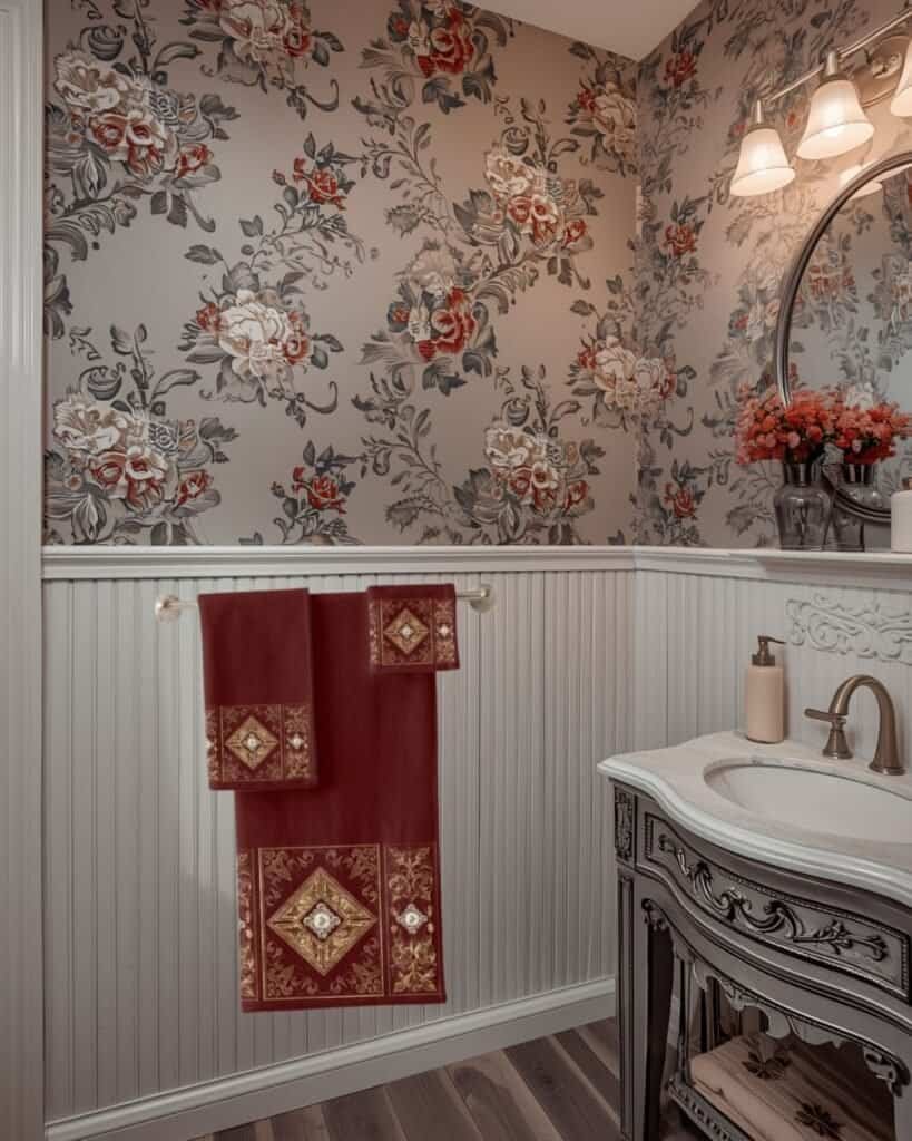 red and white flowers on a silvery gray background. A vintage looking towel set below
