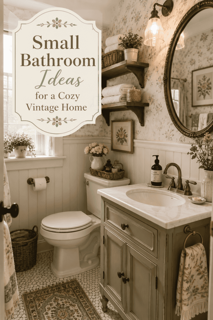 Pinterest pin for small bathroom ideas showing a cozy vintage bathroom with floral wallpaper, beadboard walls, brass fixtures, open shelves, woven baskets, and a sage green vanity.