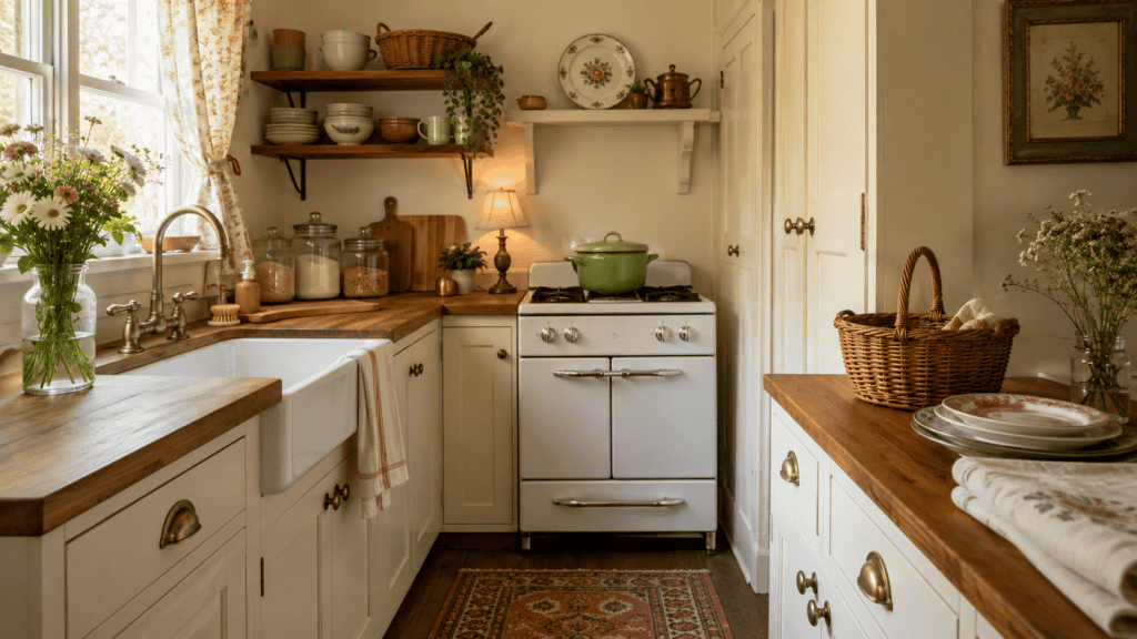 Small cozy vintage kitchen with cream cabinets, warm wood countertops, floral curtains, open shelving, and cottage-style decor