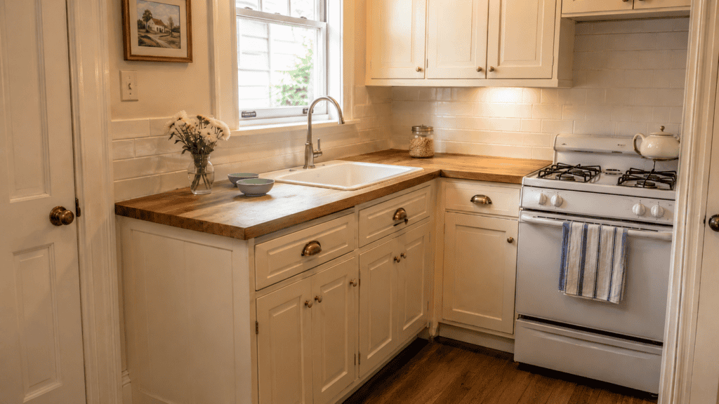 Small cozy vintage kitchen with cream cabinets, warm wood countertops, a compact sink, simple stove, and tidy cottage-style details