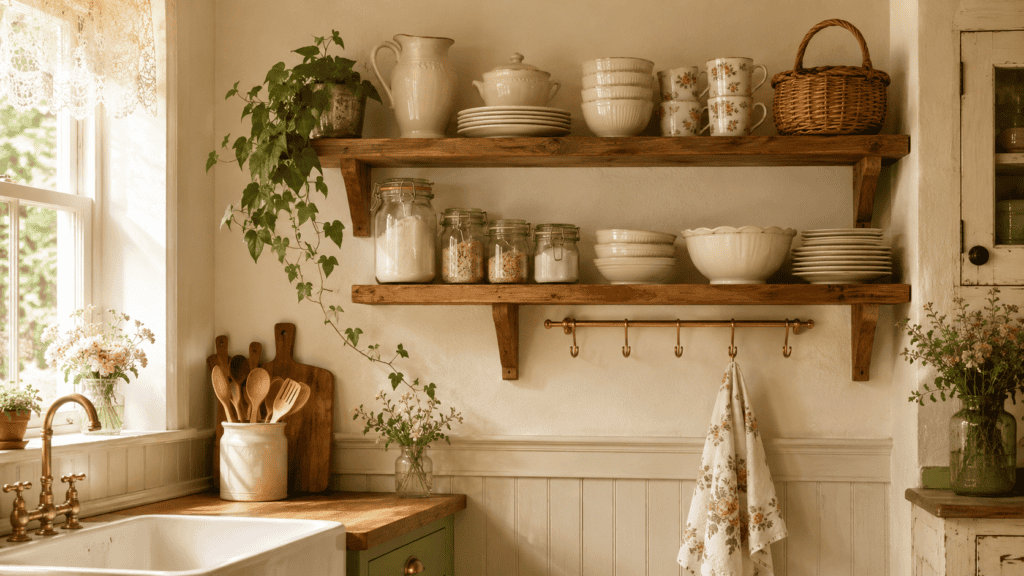 Small vintage kitchen wall with open wooden shelves, cream dishes, floral mugs, glass jars, brass hooks, and tidy cottage-style storage