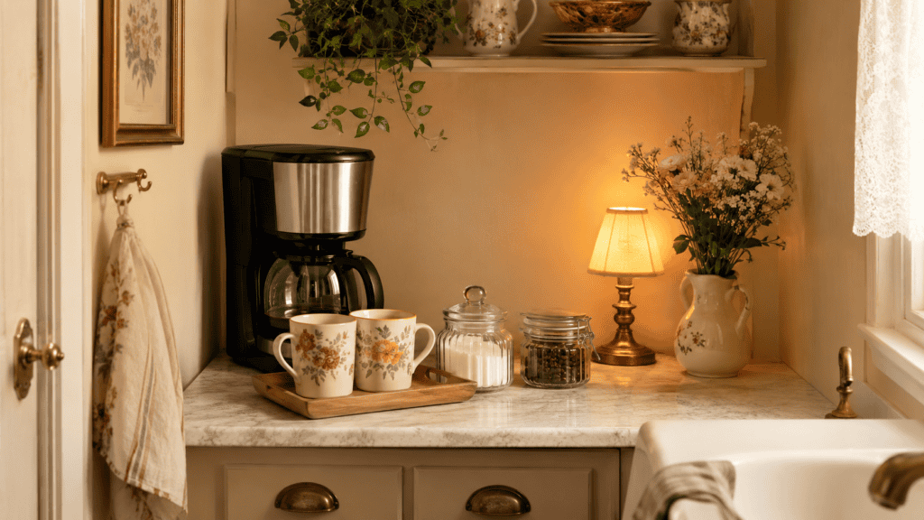Small cozy vintage kitchen coffee corner with a modern coffee maker, floral mugs, glass jars, warm lamp, and cottage-style details
