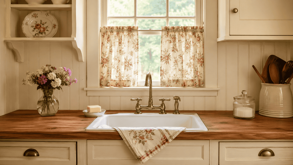 Small cozy vintage kitchen sink area with floral café curtains, warm wood countertop, brass faucet, flowers, and cottage-style details