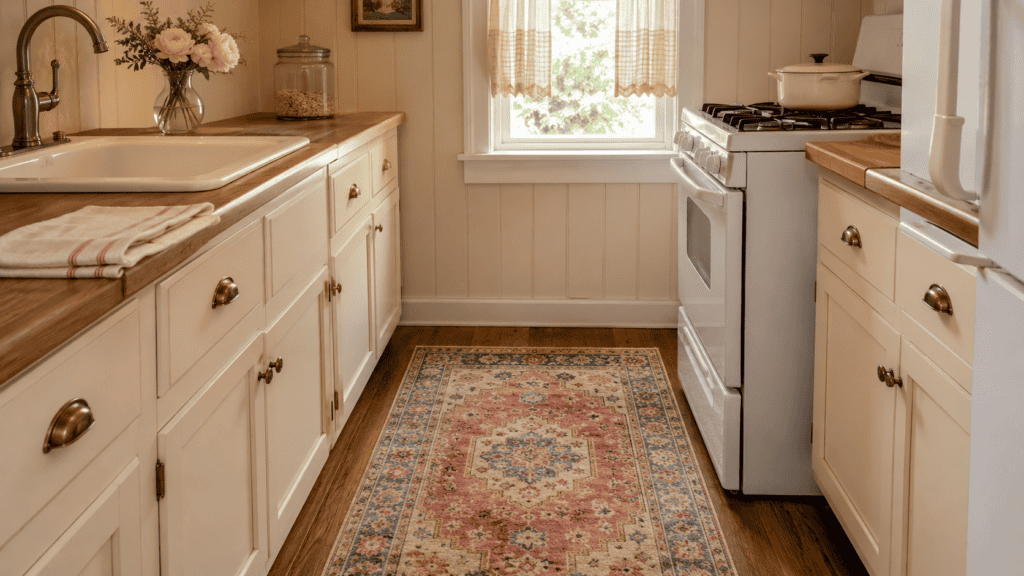 Small cozy vintage kitchen with cream cabinets, warm wood countertops, a simple white stove, and a soft patterned runner rug