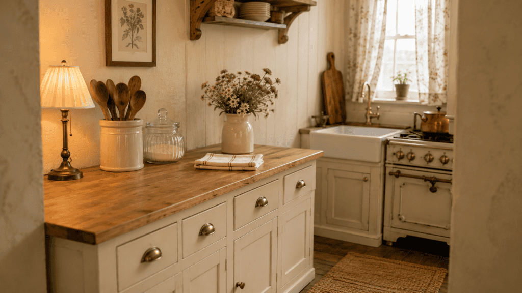 Small vintage kitchen counter with warm wood surface, cream cabinets, small lamp, wooden spoons, glass jar, flowers, and clear workspace