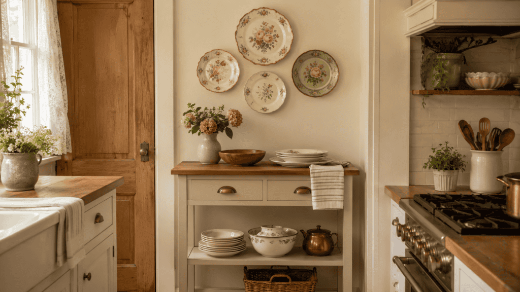 Small cozy vintage kitchen with floral plate wall, narrow sideboard, warm wood accents, brass hardware, and tidy cottage-style dishes
