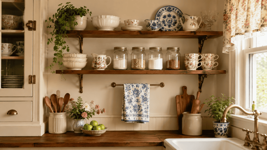Small cozy vintage kitchen with wooden open shelves, cream dishes, blue-and-white plates, floral mugs, glass jars, and tidy cottage-style storage