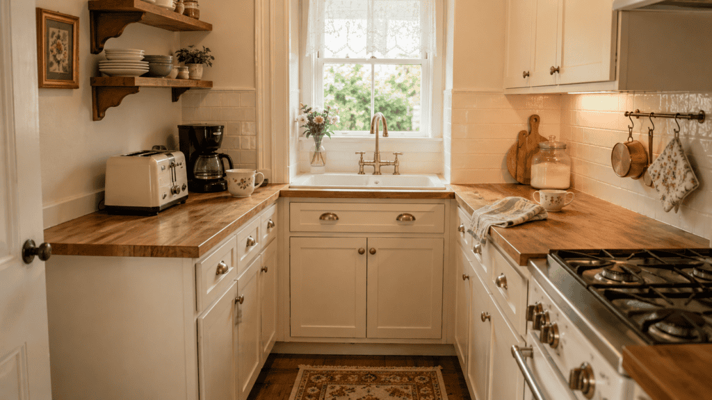 cream cabinets, warm wood countertops, toaster, coffee maker, floral mugs, and practical everyday details