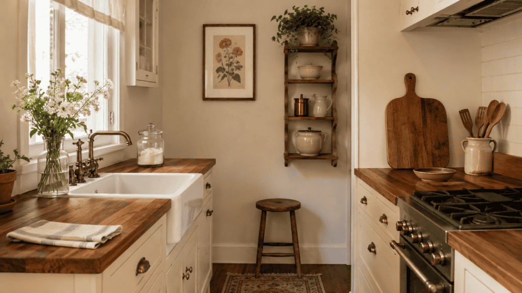 warm wood countertops, a wooden stool, narrow wall shelf, cutting board, cream cabinets, and simple cottage-style details