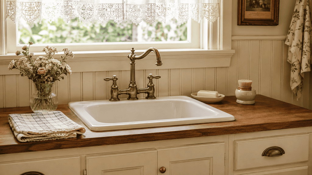 sink area with warm wood countertop, brass faucet, folded dish towel, flowers, soap dish, and cleaning brush