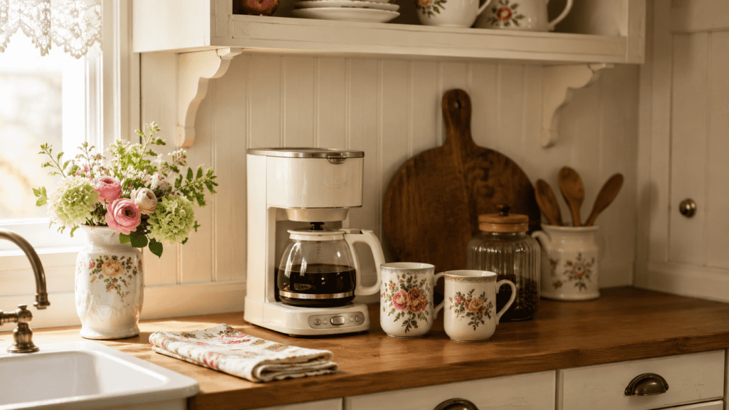 counter with a modern coffee maker, floral mugs, warm wood countertop, flowers, glass jar, and tidy cottage-style details