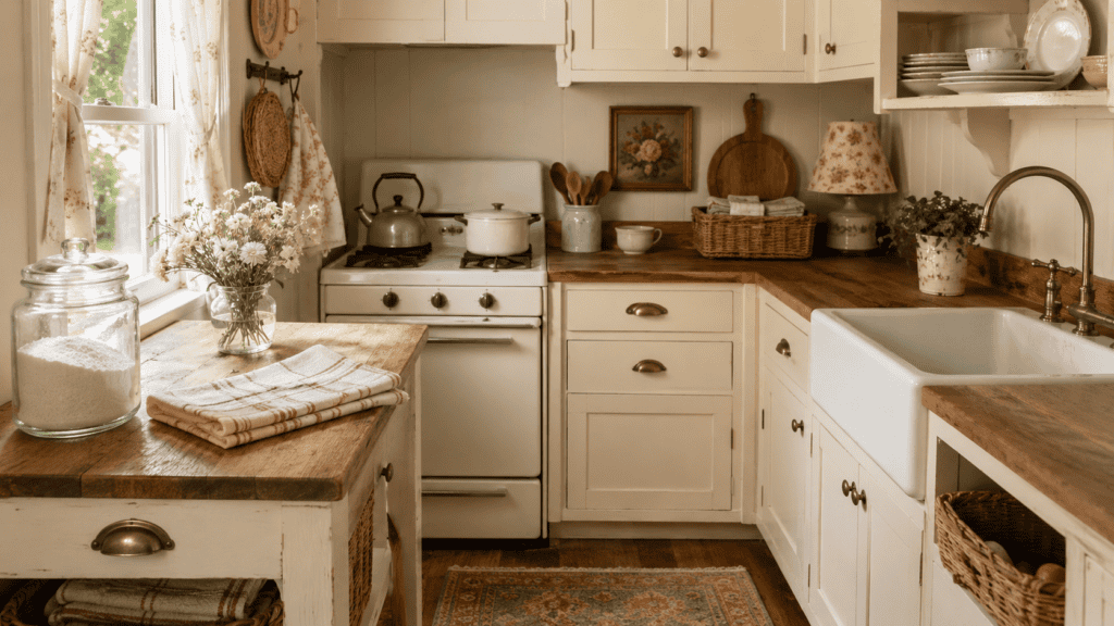 woven baskets, cream cabinets, warm wood countertops, farmhouse sink, flowers, and soft storage details