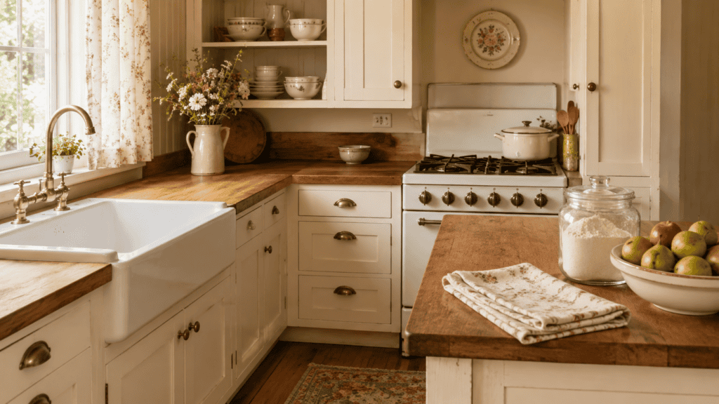cream cabinets, warm wood countertops, a bowl of pears and apples, seasonal flowers, and soft cottage-style details