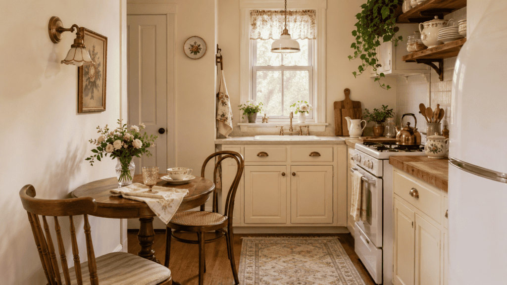 a tiny round dining table, two chairs, cream cabinets, warm wood accents, flowers, and cottage-style details