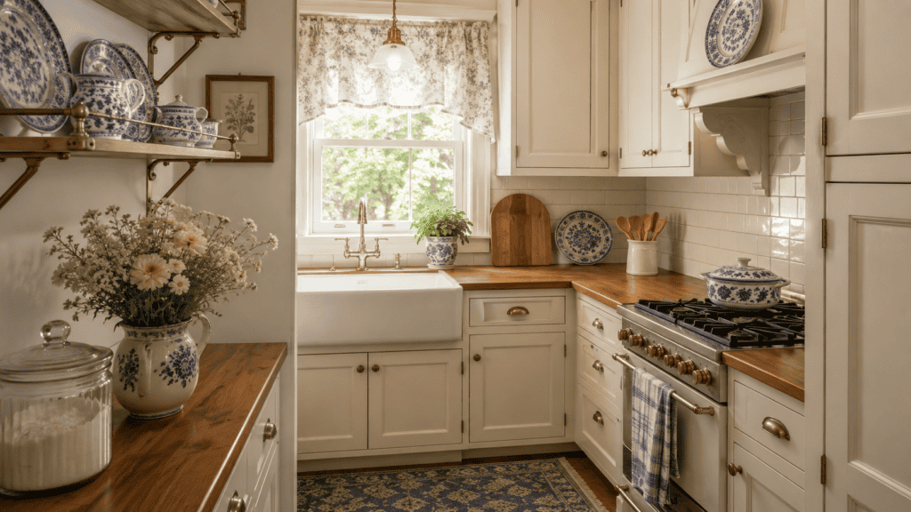 cream cabinets, warm wood countertops, blue-and-white dishes, brass hardware, flowers, glass jar, and patterned rug