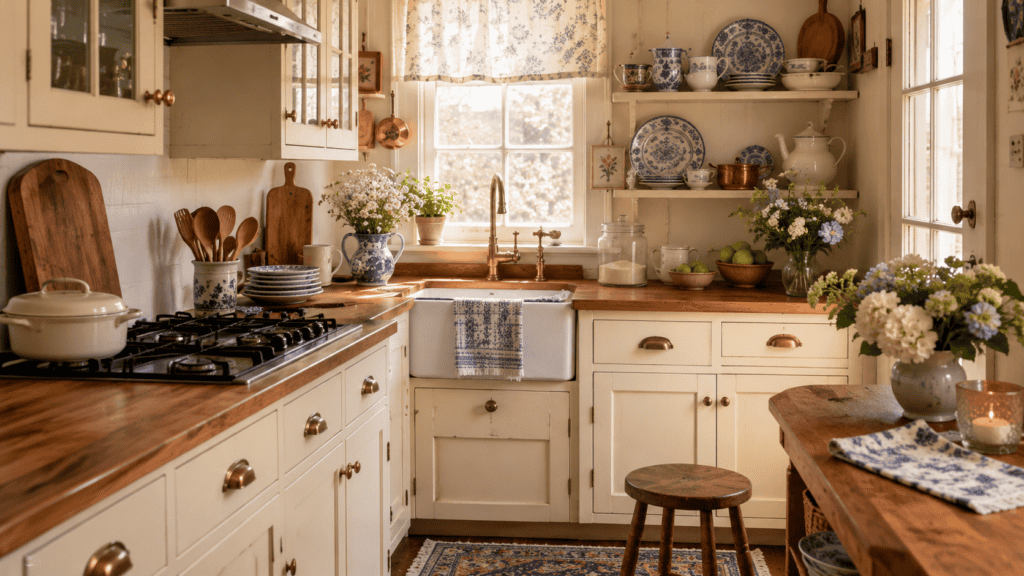 cream cabinets, warm wood countertops, blue-and-white dishes, flowers, stool, patterned rug, and tidy lived-in details