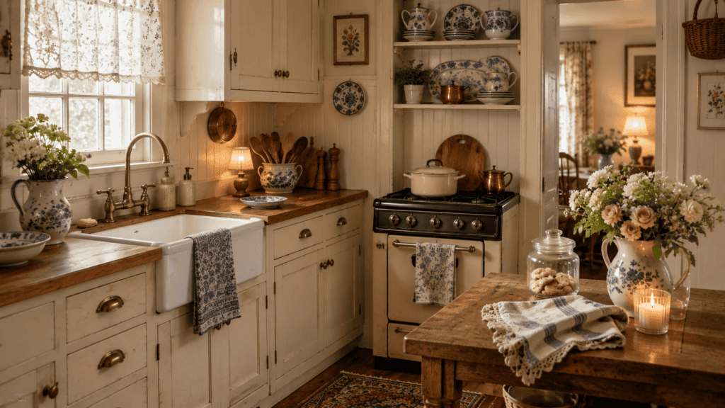 cream cabinets, warm wood counters, blue-and-white dishes, flowers, folded towels, soft lamp light, and lived-in cottage charm