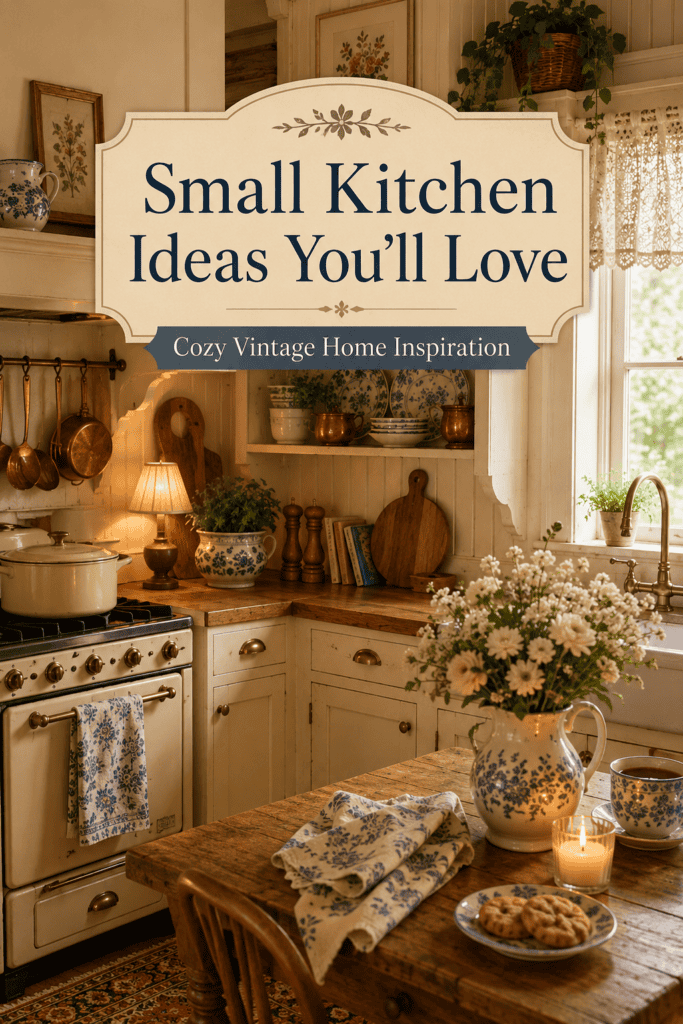 Pinterest pin for small kitchen ideas featuring a cozy vintage kitchen with the text Small Kitchen Ideas You’ll Love