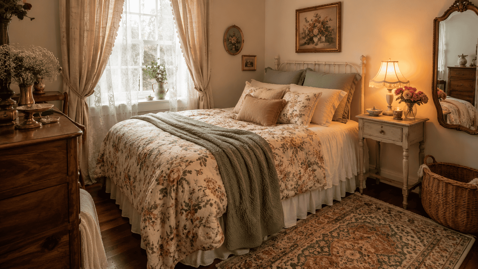 Small cozy vintage bedroom with floral bedding, soft curtains, warm lamp light, patterned rug, and cottage-style decor.