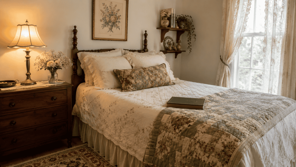 collected decor, floral wall art, warm lamp light, layered bedding, soft curtains, and a favorite book on the bed.