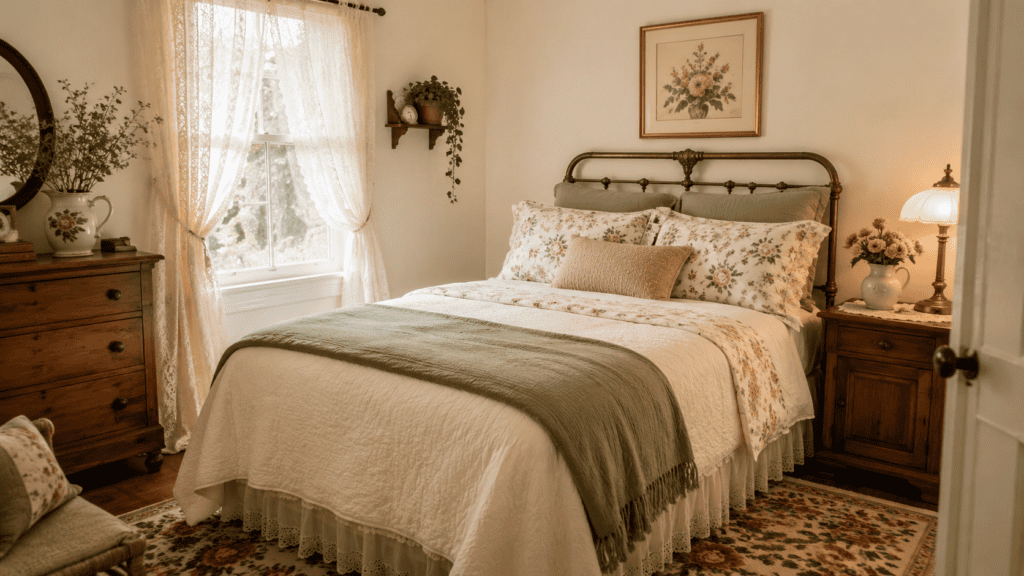 floral pillows, cream bedding, sage accents, soft curtains, warm wood furniture, flowers, and a patterned rug.
