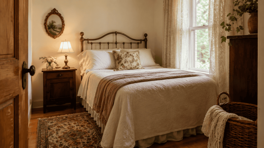 simple layered bedding, warm lamp light, soft curtains, woven basket, clear walking space, and a patterned rug.