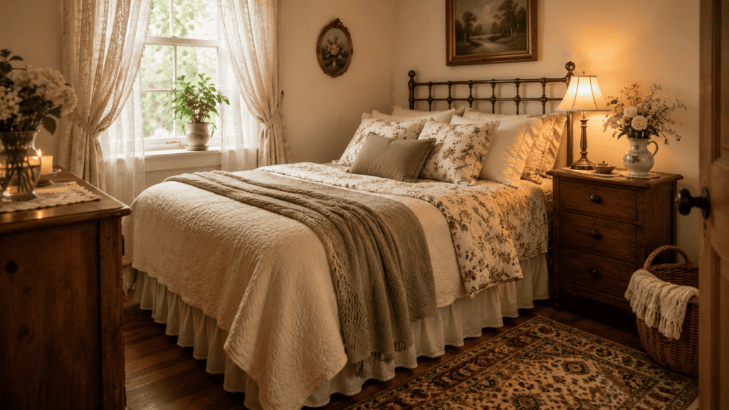 layered bedding, soft curtains, warm bedside lamp, framed vintage art, flowers, woven basket, and patterned rug.