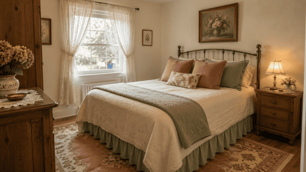 Small cozy vintage bedroom with cream walls, sage accents, muted pink pillows, warm wood furniture, lace curtains, and a patterned rug.
