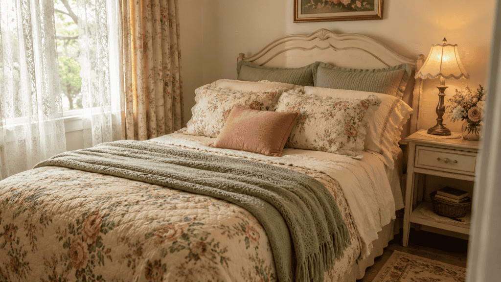 Small cozy vintage bedroom with floral quilt, cream bedding, sage pillows, a muted pink accent pillow, and a warm bedside lamp.