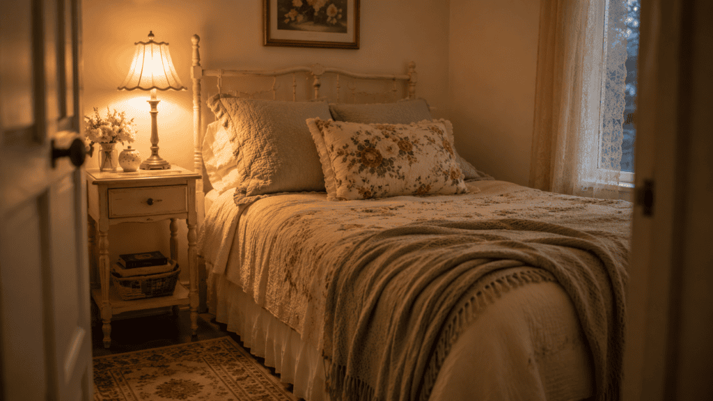 Small cozy vintage bedroom in soft evening light with a glowing bedside lamp, layered bedding, floral pillow, and patterned rug.