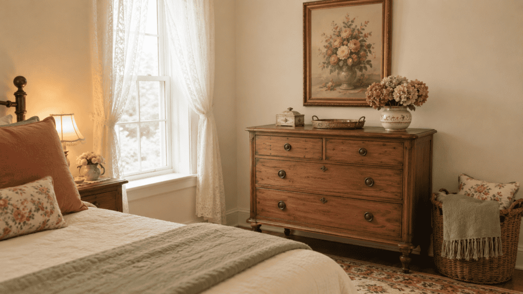 Small cozy vintage bedroom with a warm wood dresser, floral wall art, woven basket, soft bedding, and tidy cottage-style storage.