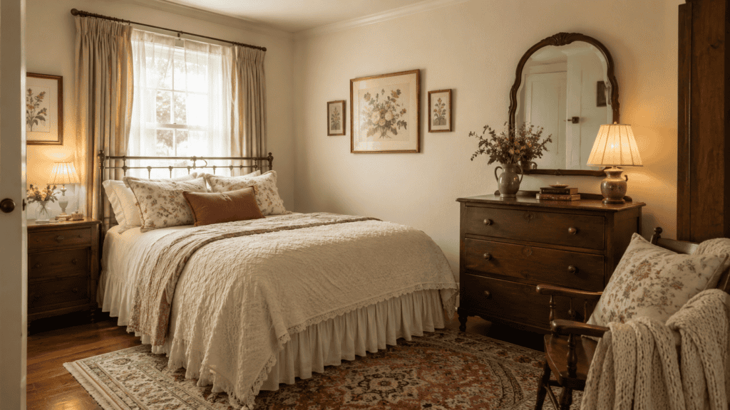 Small cozy vintage bedroom with framed floral wall art, a vintage mirror, layered bedding, warm wood furniture, and a patterned rug.