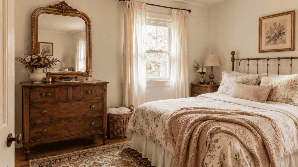 Small cozy vintage bedroom with a large ornate mirror, floral bedding, soft curtains, warm wood furniture, and a patterned rug.